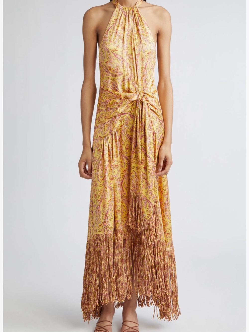 Halter Paisley Maxi Dress with Knotted Waist and Fringe in Yellow